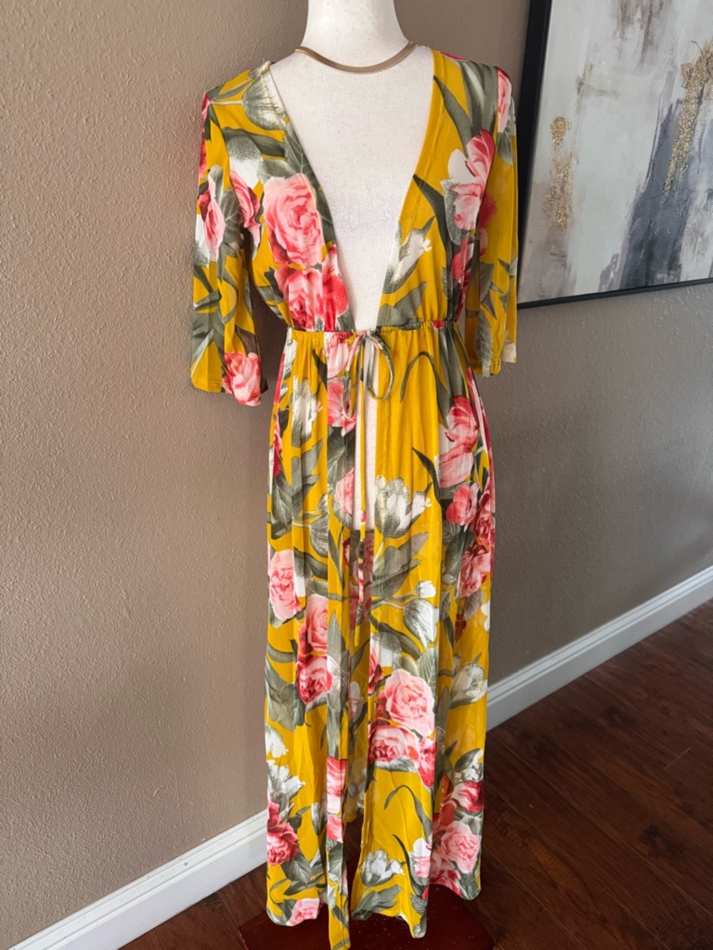 Mustard Yellow Floral Maxi Duster Kimono - Picture 5 of 7